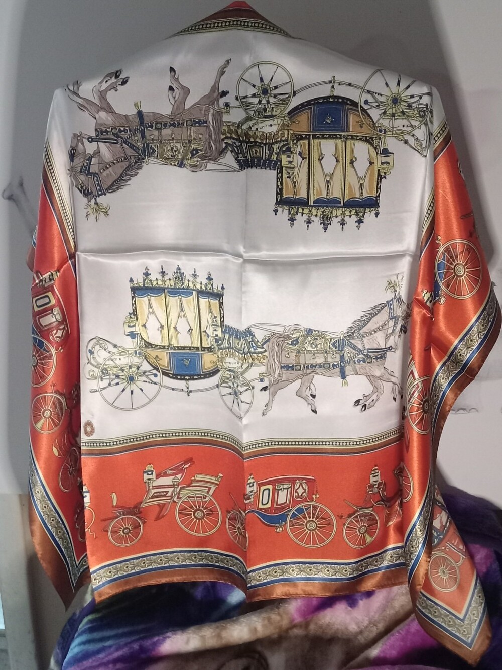Vintage-Inspired Carriage Print Silk Scarf in White, Red, Blue NWT